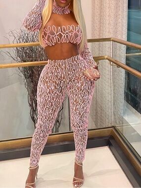 Pink Sheer Lace-Up Two-Piece Jumpsuit Set